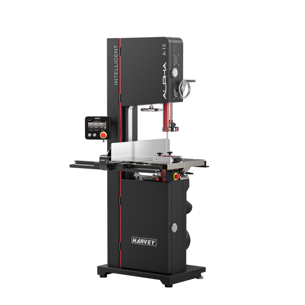 Black and red Harvey Alpha A-15 Intelligent band saw with touchscreen and fence system on a plain background.