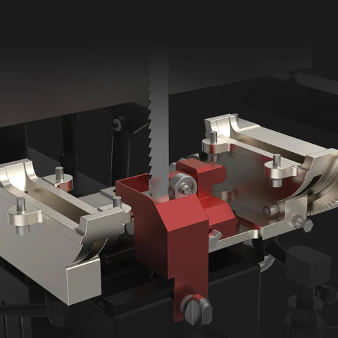 View of the Alpha HW615Pro's nickel-coated trunnion with the bandsaw blade and red lower blade guard and bearings assembly. 
