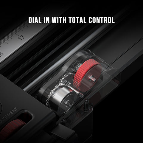 Close-up of a gear box with a red dial on a black background, featuring the text 'Dial in with Total Control'.