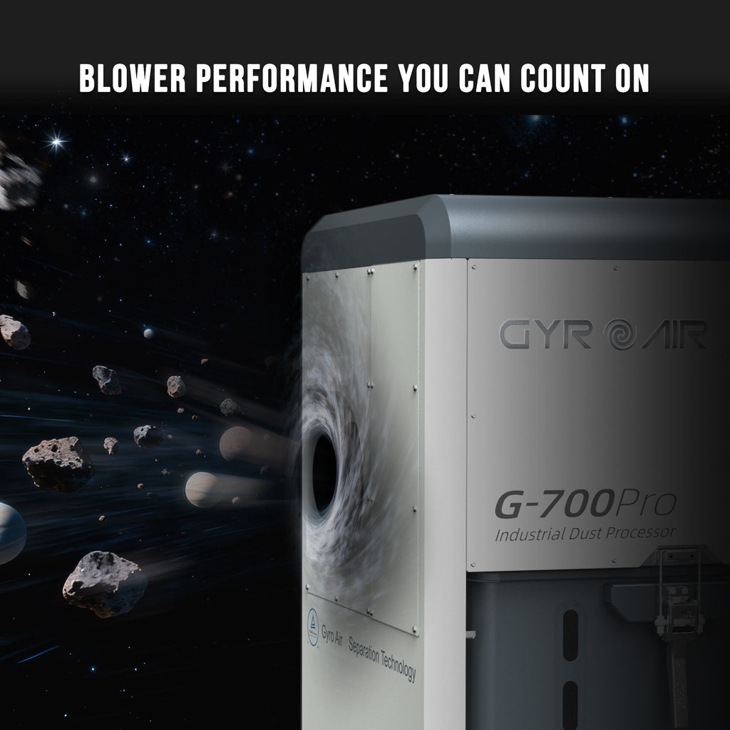 GYRO @AIR G-700Pro industrial dust processor with space-themed background and text that says 'Blower Performance You Can Count On'.