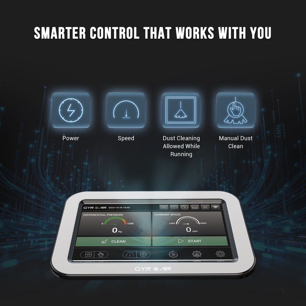 Control panel with digital display and icons for power, speed, and dust cleaning modes on a dark background with text that says 'Smarter Control That Works With You'