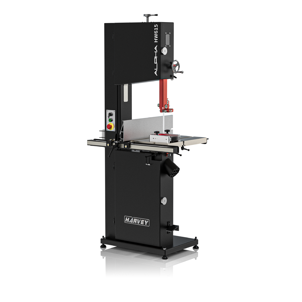 A black Alpha HW615Pro 15 inch bandsaw with nickel-plated parts and a worktable, featuring a powerful motor and heavy-duty nickel-plated trunnion and cast iron flywheels.