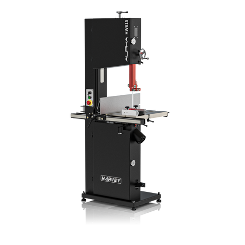 A black Alpha HW615Pro 15 inch bandsaw with nickel-plated parts and a worktable, featuring a powerful motor and heavy-duty nickel-plated trunnion and cast iron flywheels.