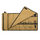 Beige tool roll with black trim and example tools on a white background