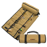 Roll-up tool mat with example tools and Harvey branding on a white background