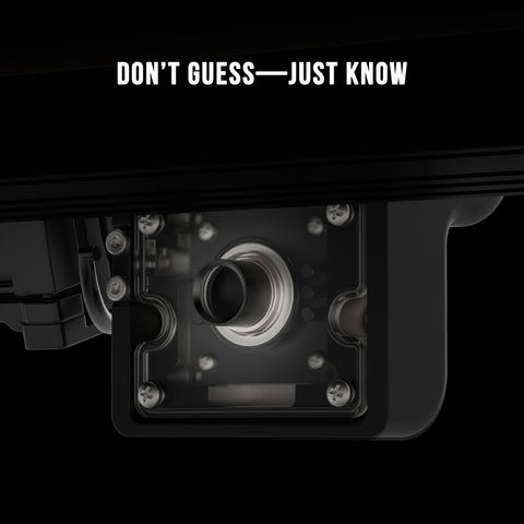Close-up of a camera lens with mechanical components on a black background, featuring the text 'DON'T GUESS JUST KNOW'.