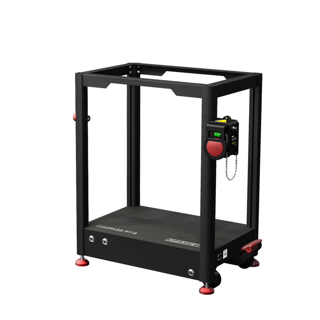 A black Compass RT-S Router Table Stand with red accents, featuring ...