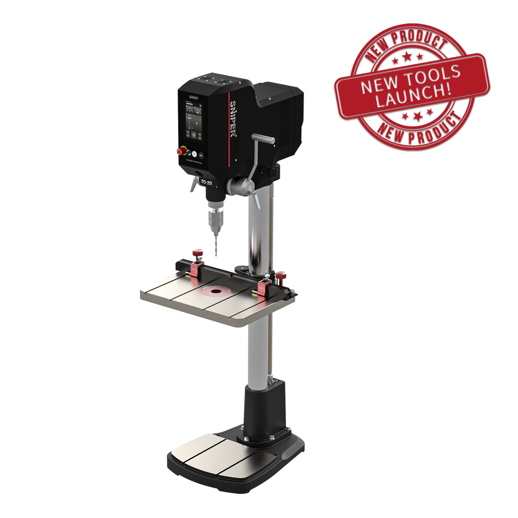 A Shurik vertical drill press machine with a black and silver body, shown on a plain white background with a red 'New Product' stamp in the top right corner.