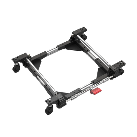 Spider Mobile Base M-1500Pro with four swiveling casters connected by aluminum rails and a red pedal mechanism
